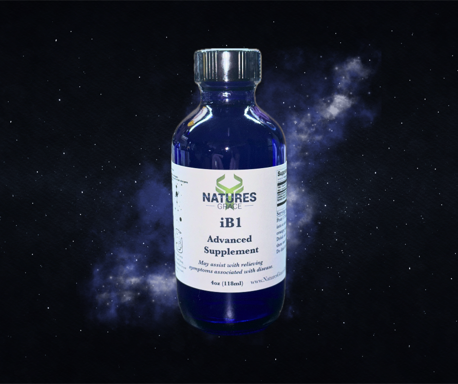 Cobalt glass bottle of Nature's Grace iB1 Advanced Supplement, 4 ounces