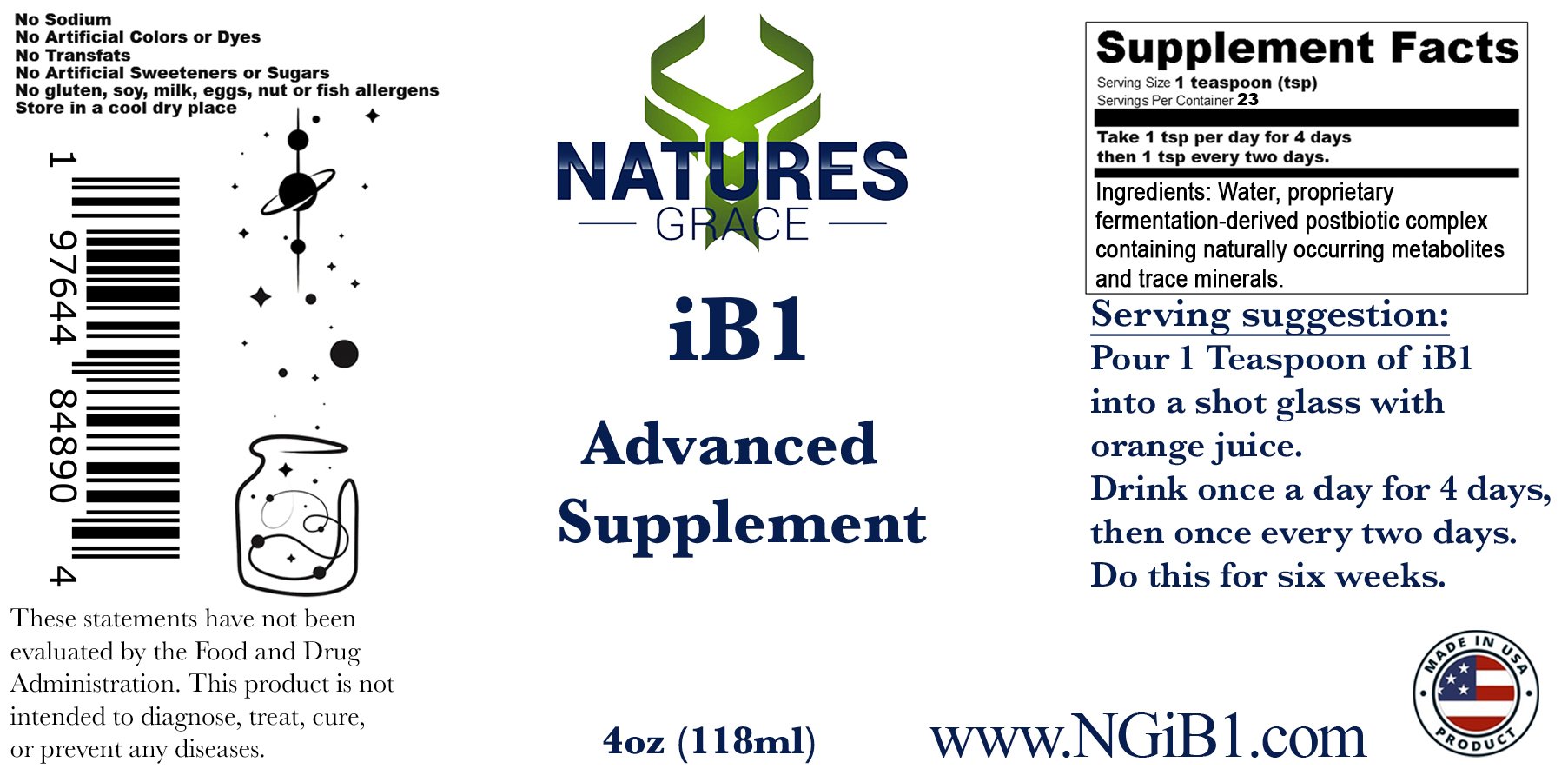 The full iB1 label, laid flat, including the supplement facts and barcode